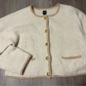 GAP Women's Cropped Cream Cardigan with Tan Accents